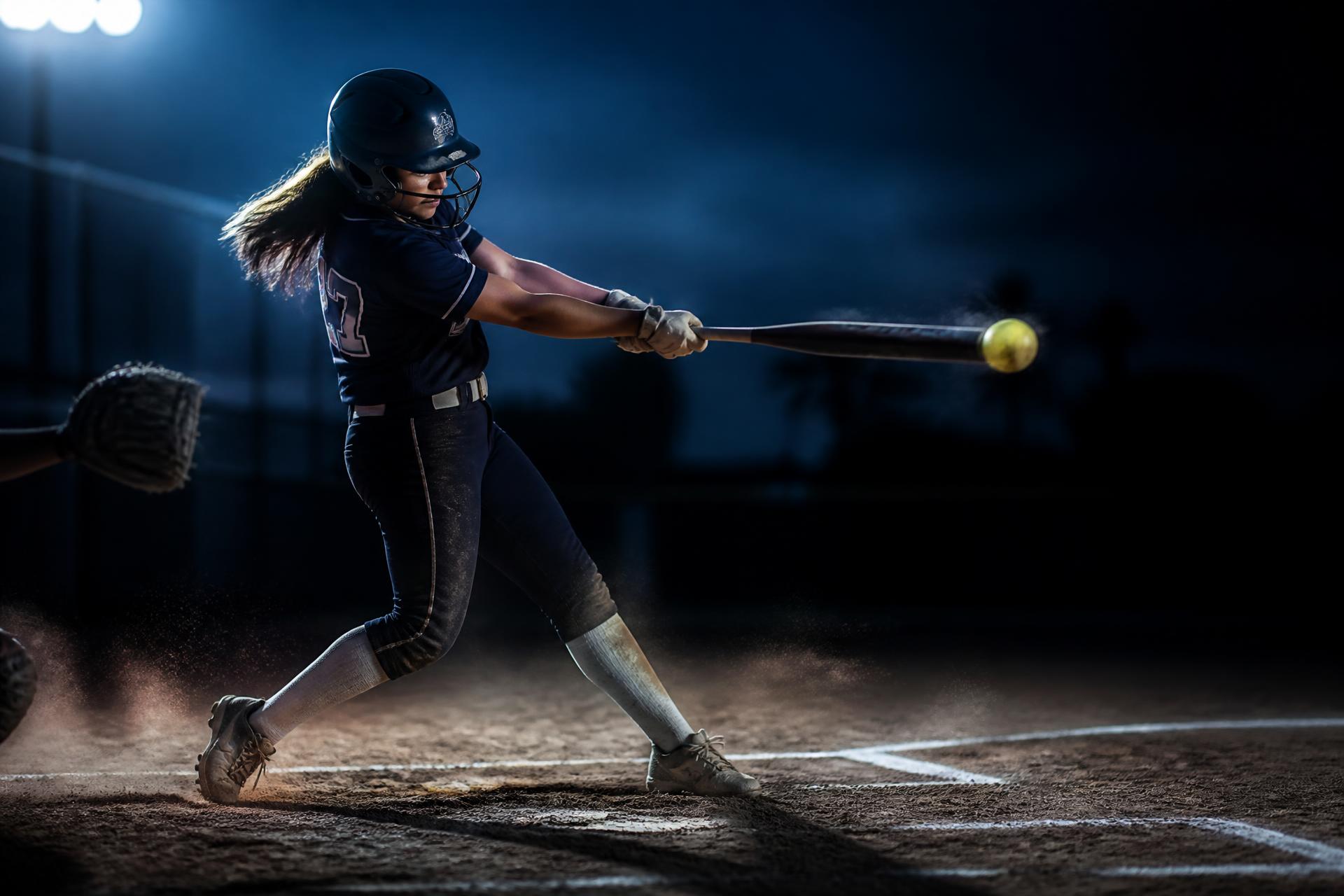 Fastpitch softball player making contact under stadium lights